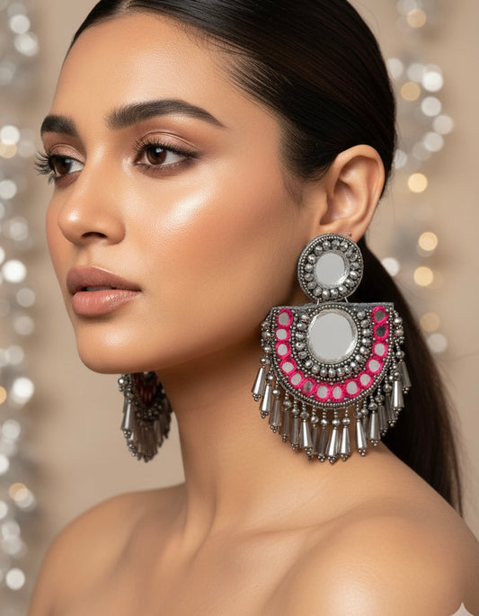 Chandrika Mirror Pink Handmade Beaded Earrings