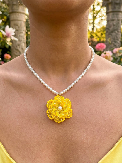 Crochet Yellow 3D Rose Flower Handmade Beaded Necklace