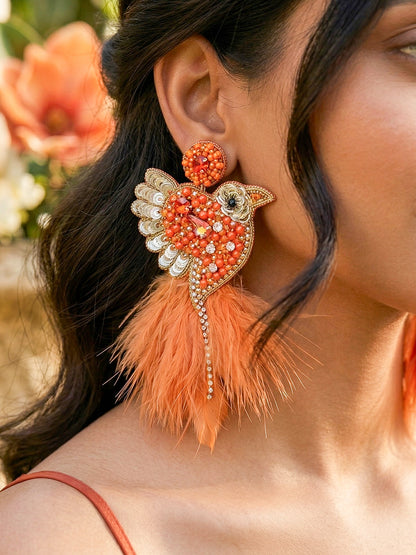 Glamorous Orange Birdies Handmade Beaded Bird Earrings