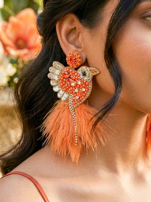 Glamorous Orange Birdies Handmade Beaded Bird Earrings