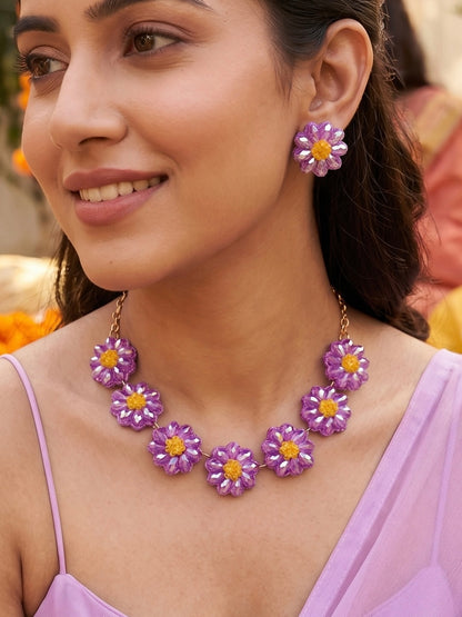 Sparkling Lilac Purple Daisy Handmade Beaded Necklace + Earrings Set