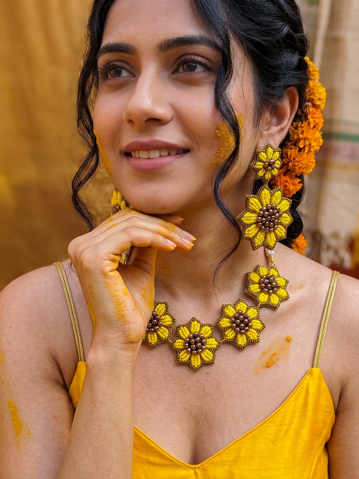 Sunflower Handmade Beaded Necklace + Earrings Set