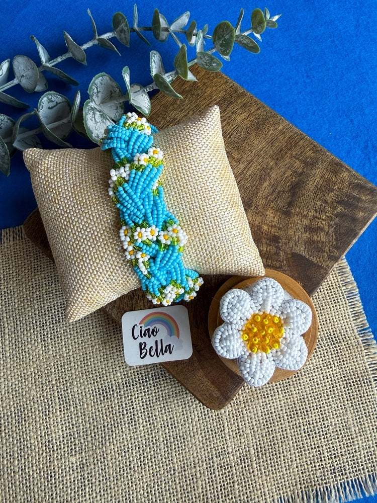 Luxe Flora Aqua Blue Handmade Beaded Bracelet + Ring Combo