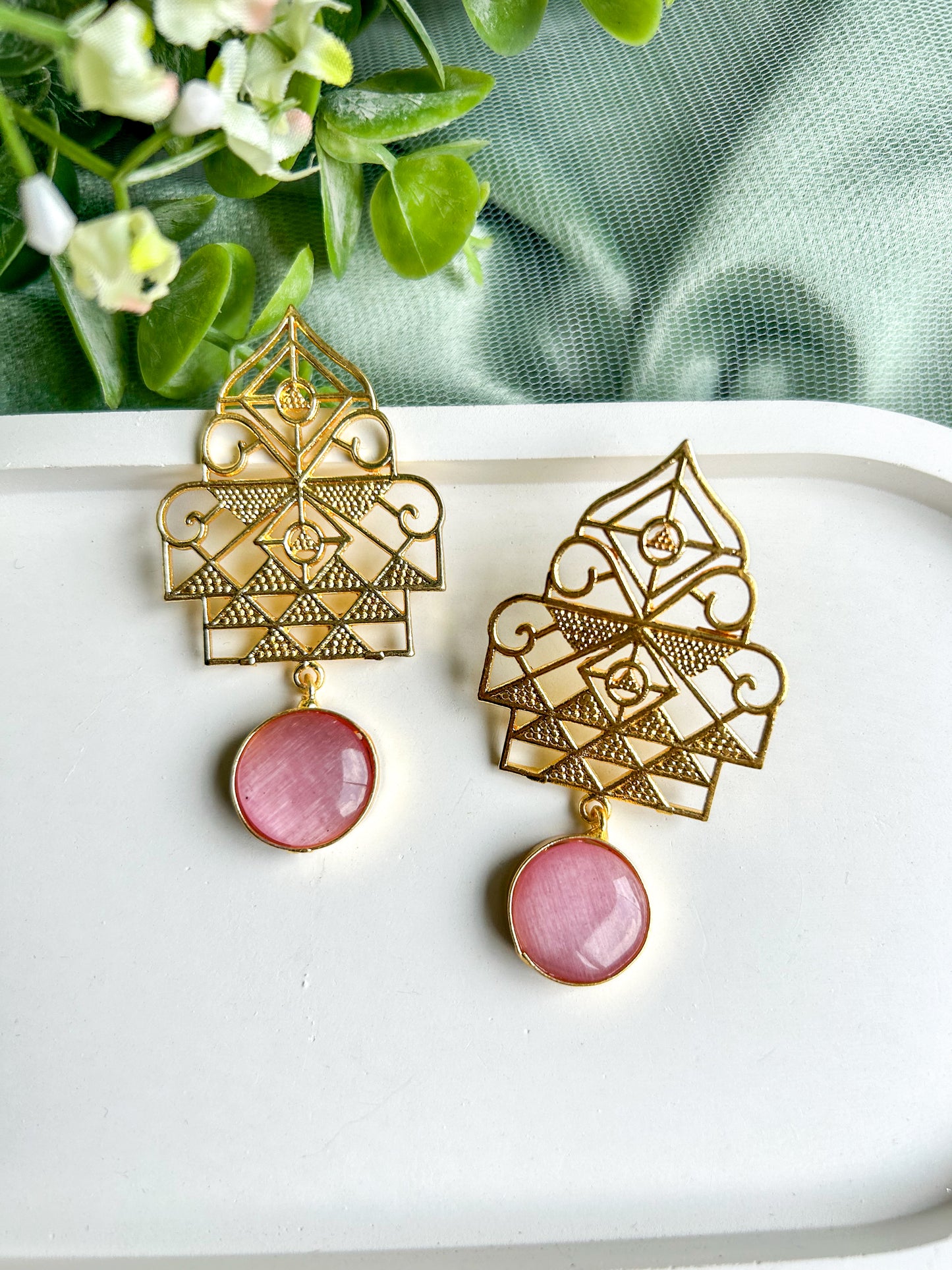 Jharokha Brass Earrings - Pink