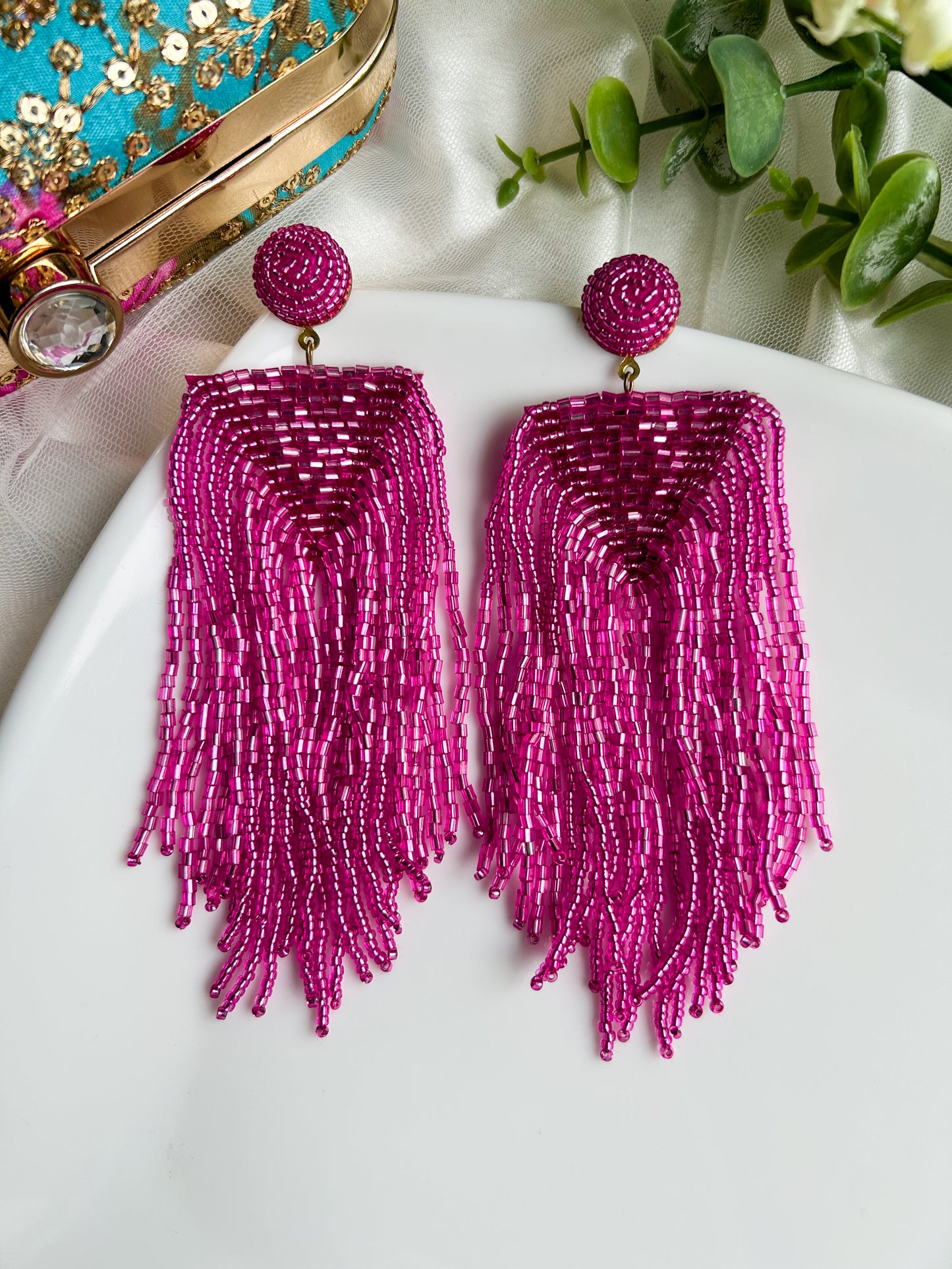 Luxe Rosey Handmade Beaded Tassel Earrings