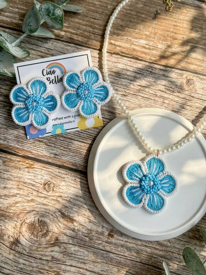 Aqua Blue Blossom Flower Handmade Beaded Necklace + Earrings Set