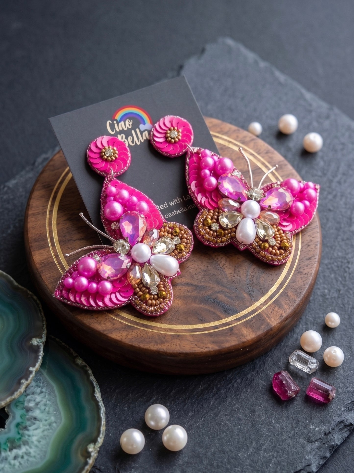 Luxe Crystal Hot Pink Handmade Beaded Butterfly Earrings