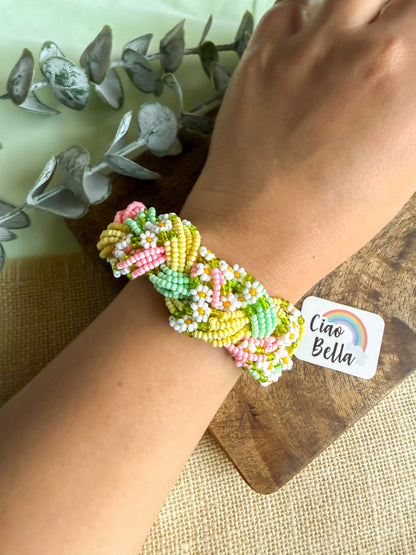 Luxe Flora Green Pink Yellow Handmade Beaded Bracelet