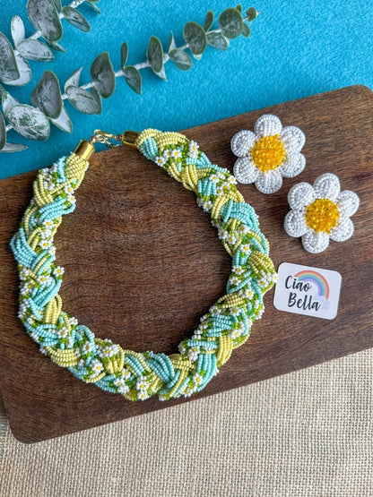 Luxe Flora Light Blue Yellow Handmade Beaded Necklace + Earrings Set