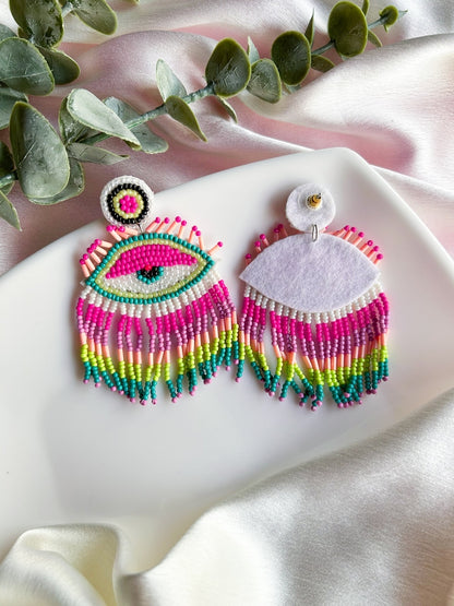 Pink Evil Eye Tassel Earrings