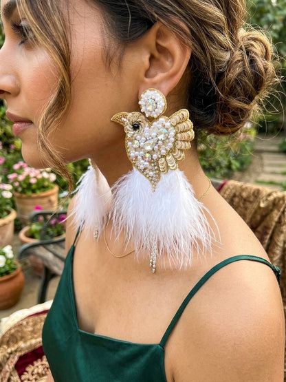 Glamorous Ivory Birdies Handmade Beaded Bird Earrings