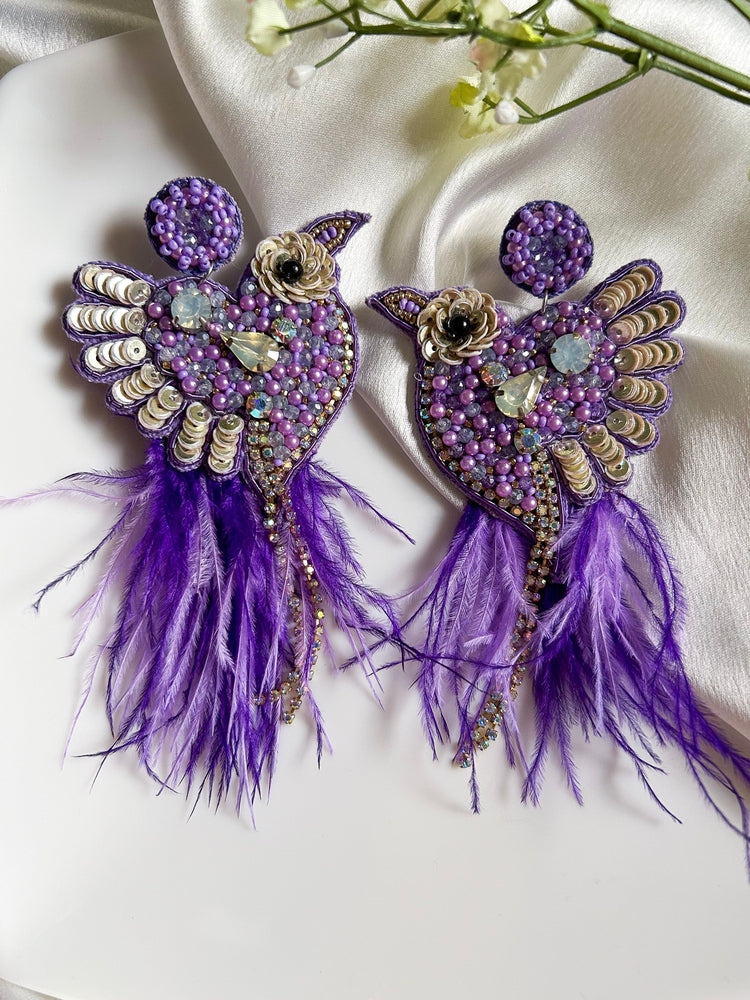 Glamorous Lilac Birdies Handmade Beaded Bird Earrings