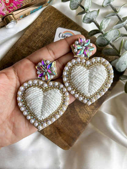 Ishqiya White Heart Drop Handmade Beaded Earrings