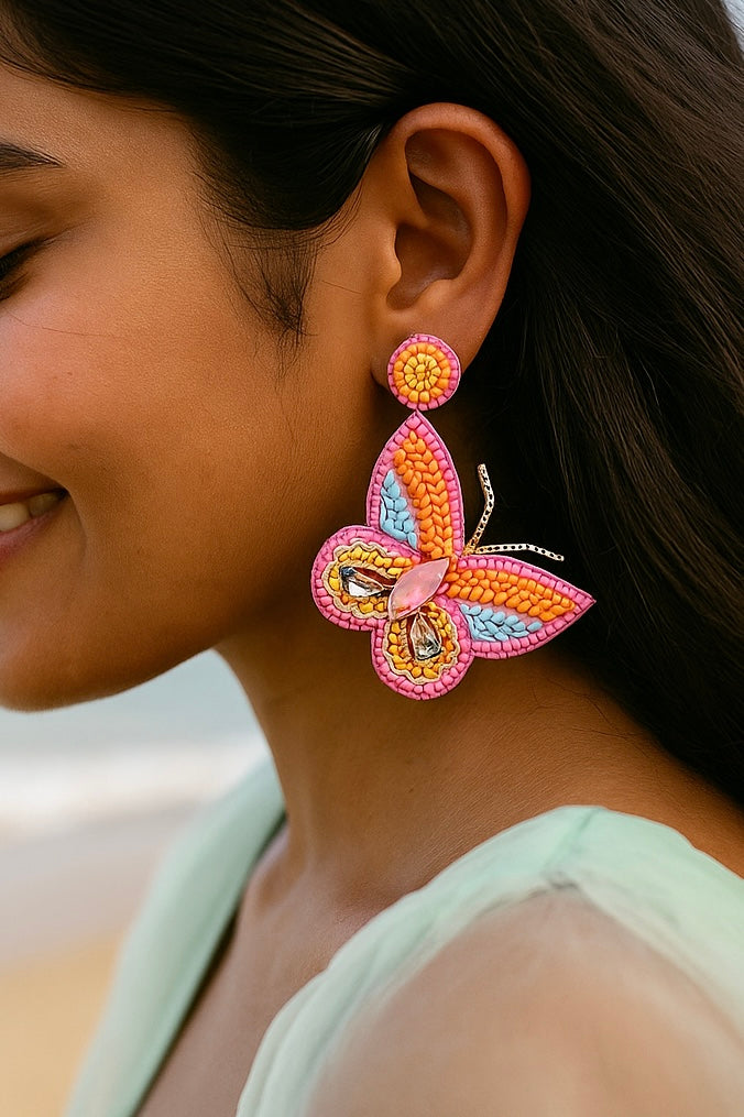 Sun-Kissed Pink Handmade Beaded Butterfly Earrings