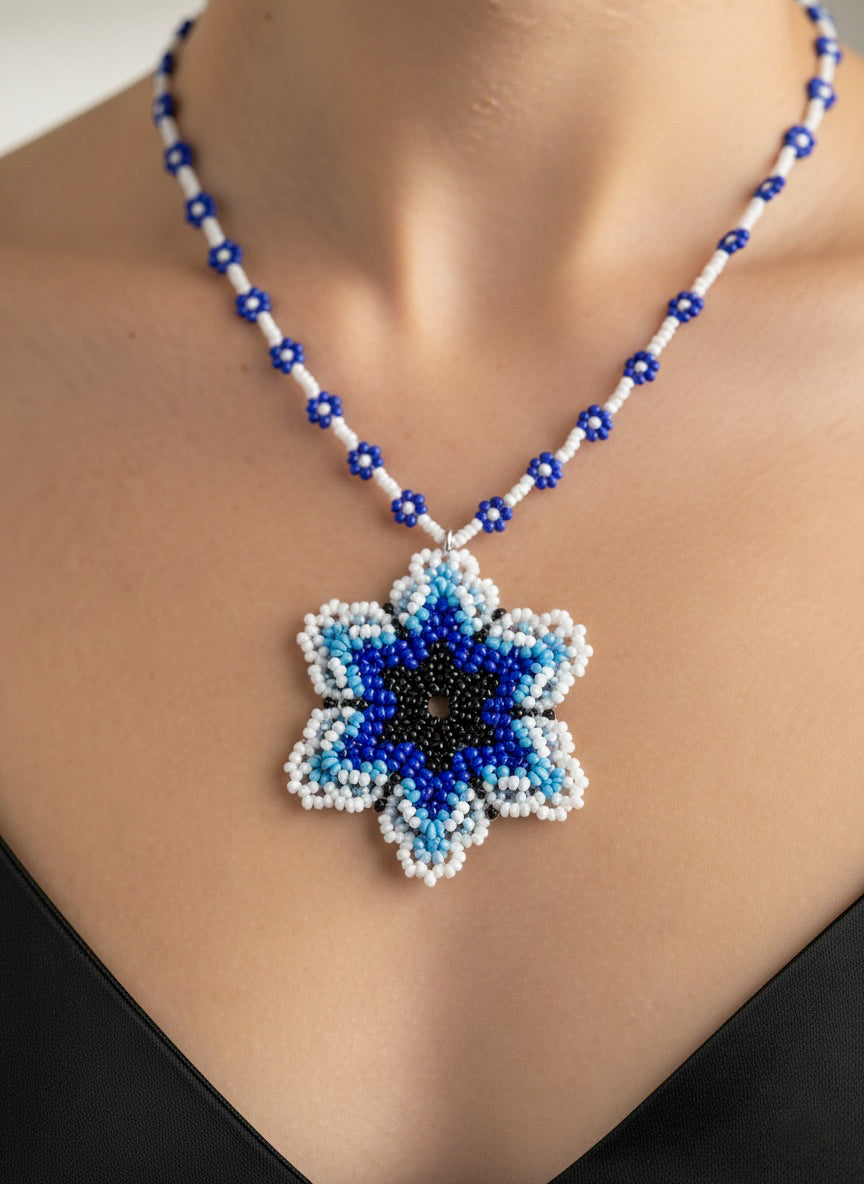 Blossoming Blue Flower Handmade Beaded Necklace