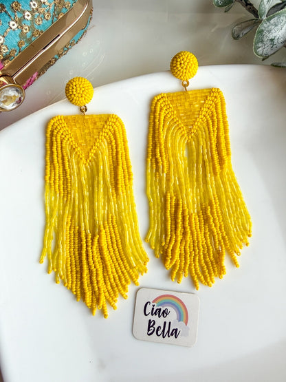 Luxe Sunny Yellow Handmade Beaded Tassel Earrings