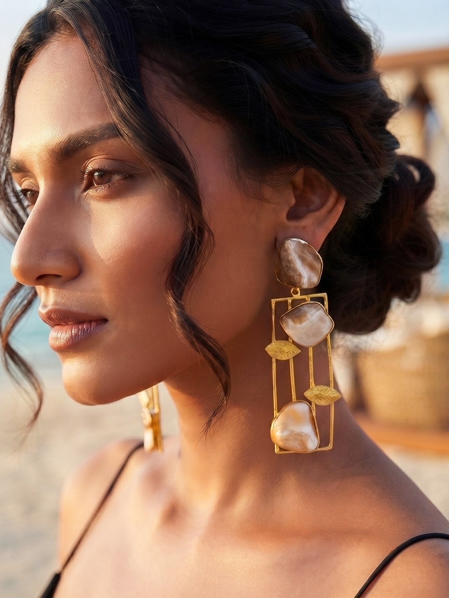 Ivy Leaf Mother Of Pearl Handmade Brass Earrings