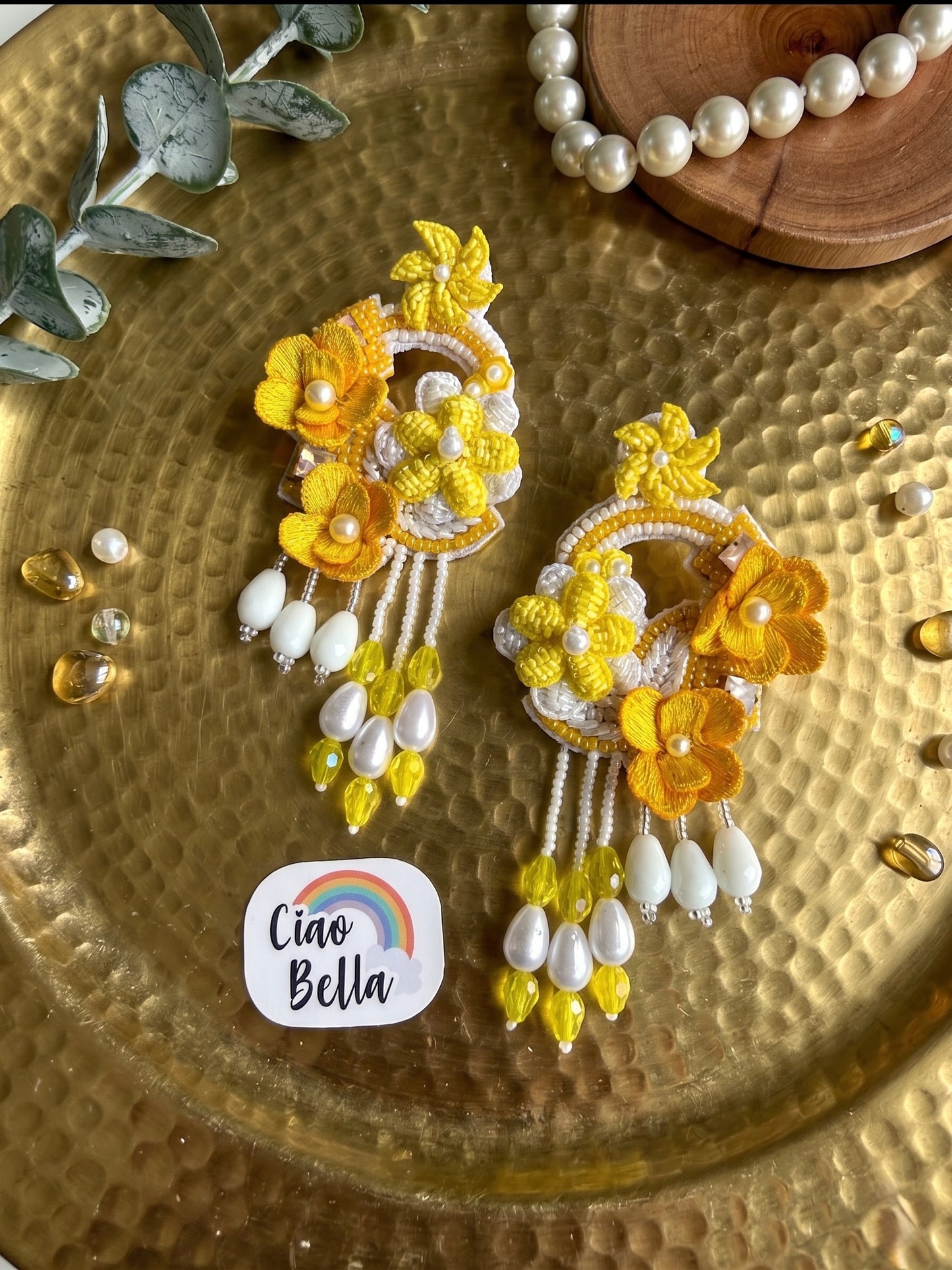 Golden Yellow Tulip 3D Flower Statement Handmade Beaded Earrings