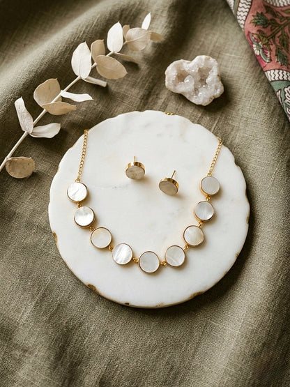 Moonstone Mother of Pearl Handmade Brass Necklace + Stud Earrings Set