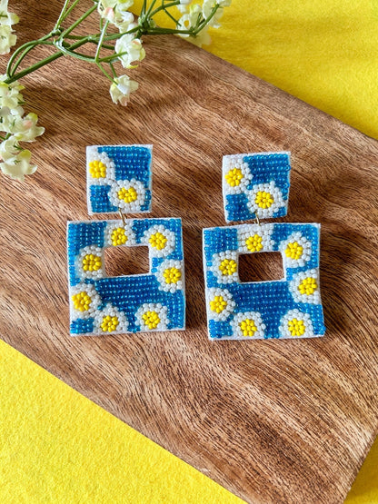 Turquoise Sun-Kissed Handmade Beaded Flower Earrings