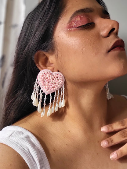 Blush Pink Heart Drop Handmade Beaded Tassel Earrings