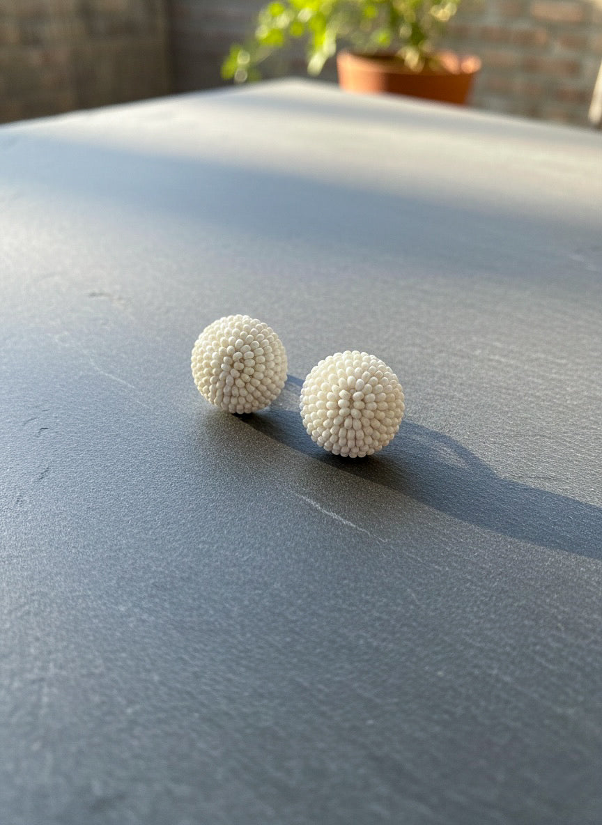 White Round Handmade Beaded Stud Earrings