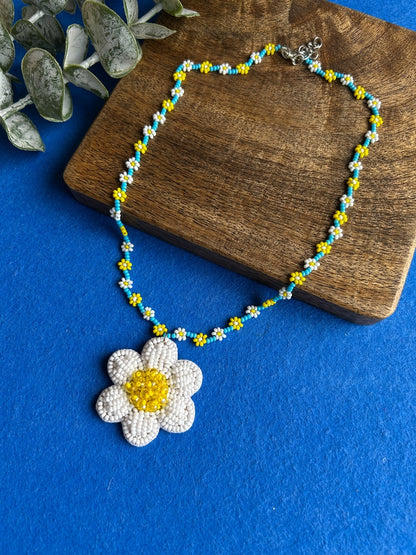 Spring Bloom Blue Yellow White Daisy Handmade Beaded Necklace