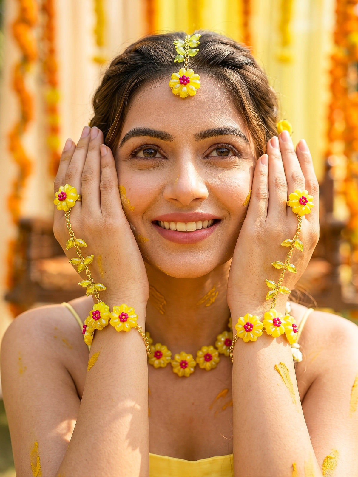 Sparkling Yellow Pink Daisy Flower Handmade Beaded Haldi Jewellery Set (Necklace + Earrings + Hathphools + Maangtika)