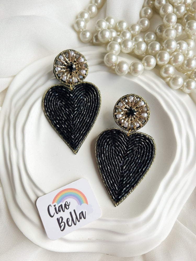 Glam Black Heart Drop Handmade Beaded Earrings