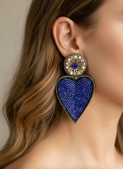 Glam Blue Heart Drop Handmade Beaded Earrings