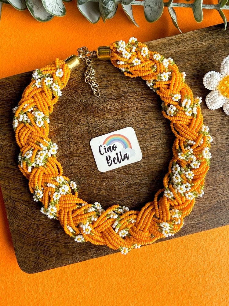 Luxe Flora Orange Handmade Beaded Necklace + Earrings Set