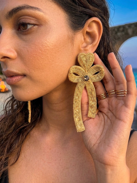Glam Bow (Gold) Handmade Beaded Earrings