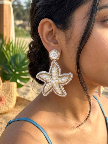 Ivory Pearl Glam Starfish Handmade Beaded Earrings