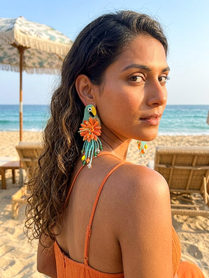 Luxe Paradise Teal Mint Lagoon Orange Parrot Handmade Beaded Bird Earrings