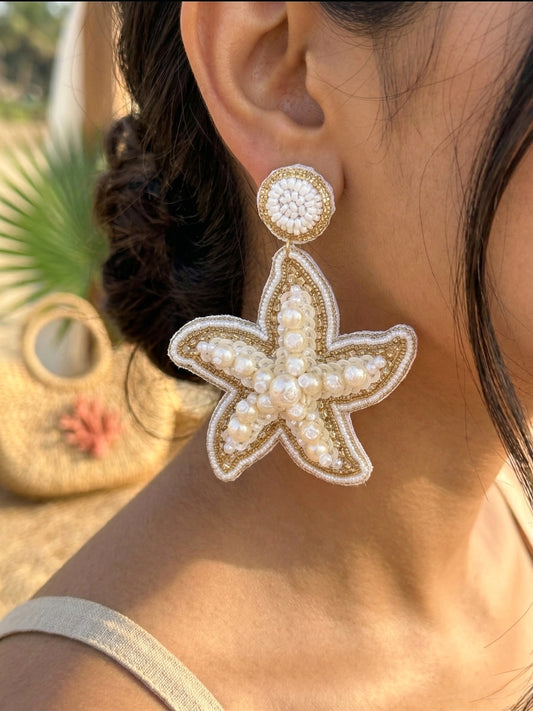 Ivory Pearl Glam Starfish Handmade Beaded Earrings