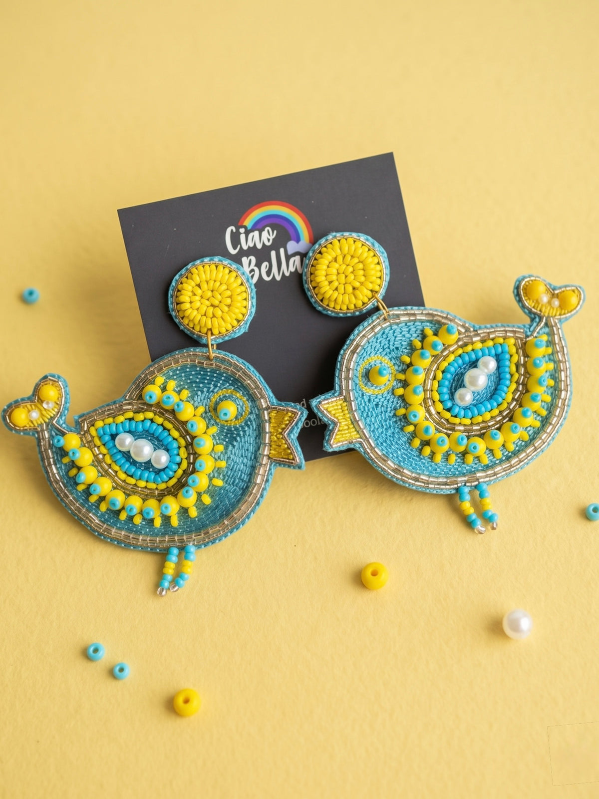 Chirpy Birdie Light Blue Yellow Handmade Beaded Earrings