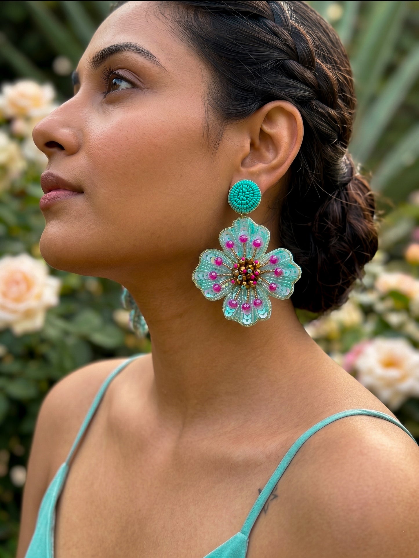 Ocean Teal Glow Blue Flower Handmade Beaded Earrings