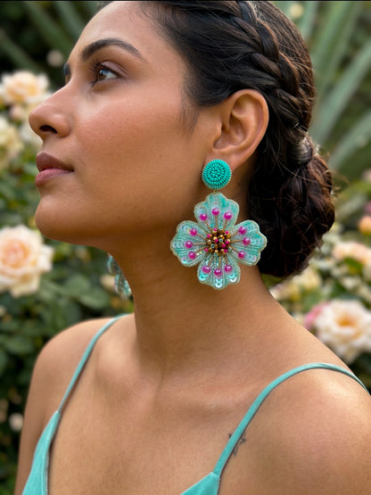 Ocean Teal Glow Blue Flower Handmade Beaded Earrings