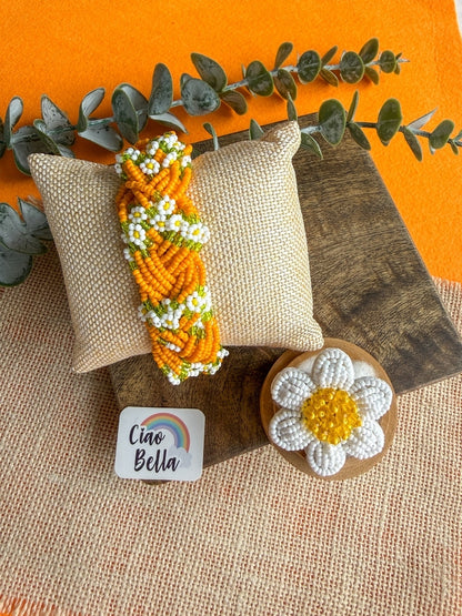 Luxe Flora Orange Handmade Beaded Bracelet + Ring Combo