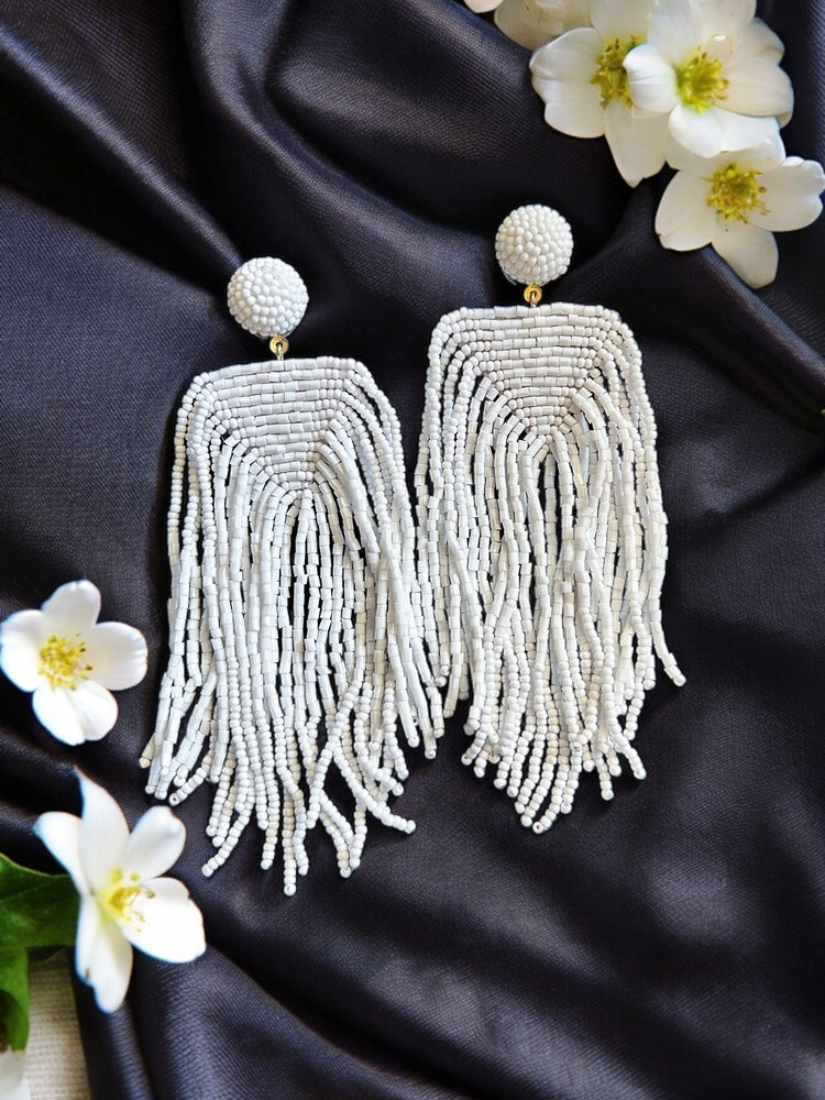 Luxe Snow White Handmade Beaded Tassel Earrings