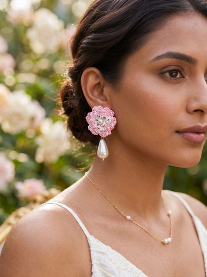 Crochet White Blush Pink 3D Rose Pearl Drops Flower Handmade Beaded Earrings