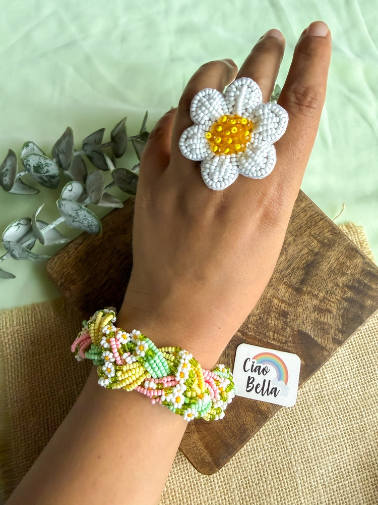 Luxe Flora Green Pink Yellow Handmade Beaded Bracelet + Ring Combo