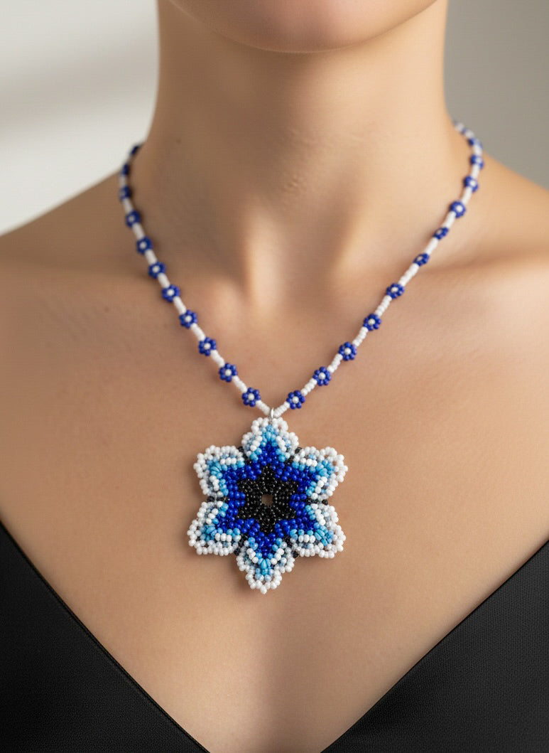 Blossoming Blue Flower Handmade Beaded Necklace