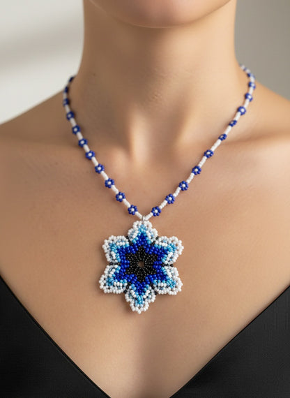 Blossoming Blue Flower Handmade Beaded Necklace