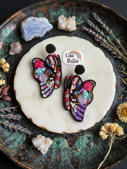 Kaleido Wings Black Handmade Beaded Butterfly Earrings