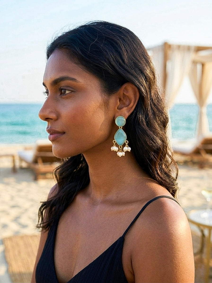Gem Drop – Aqua Blue Handmade Brass Earrings