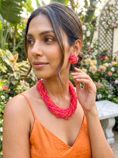 Gulnar Pink Orange Handmade Beaded Necklace + Earrings Set