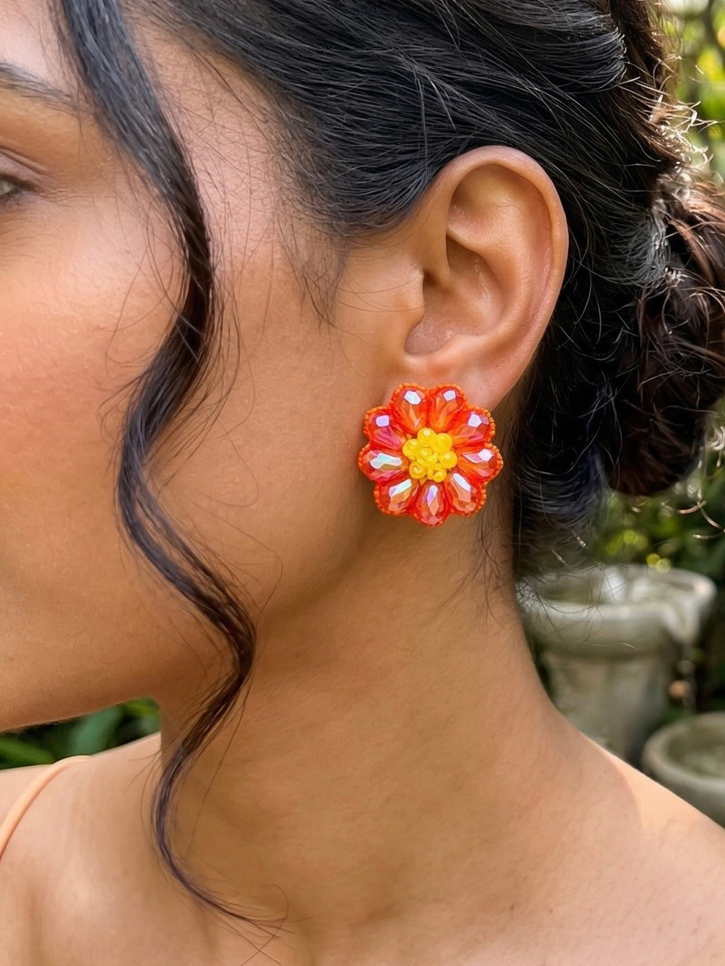 Sparkling Sunset Orange Flower Handmade Beaded Stud Earrings