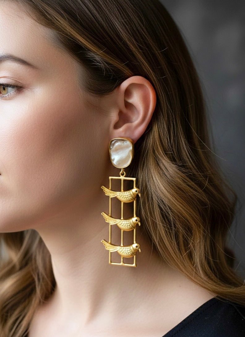 Vanya Bird Pearl Handmade Brass Earrings