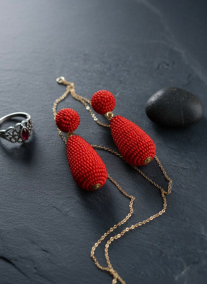 Scarlet Red Drop Handmade Beaded Earrings